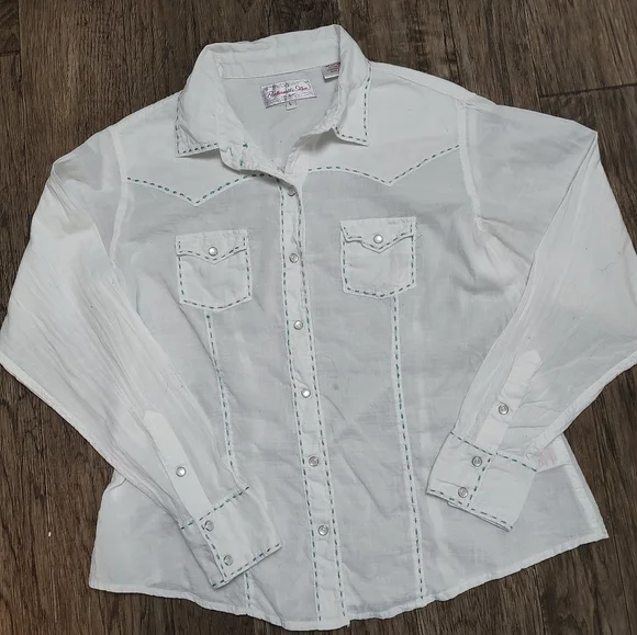 Panhandle Slim white with decorative stitches white pearl snap shirt Size L - Picture 6 of 16